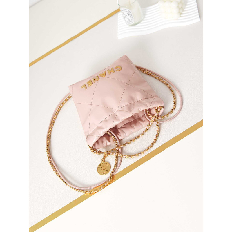 Ch*el 22 mini handbang shiny calfskin & gold-tone metal pale nude pink