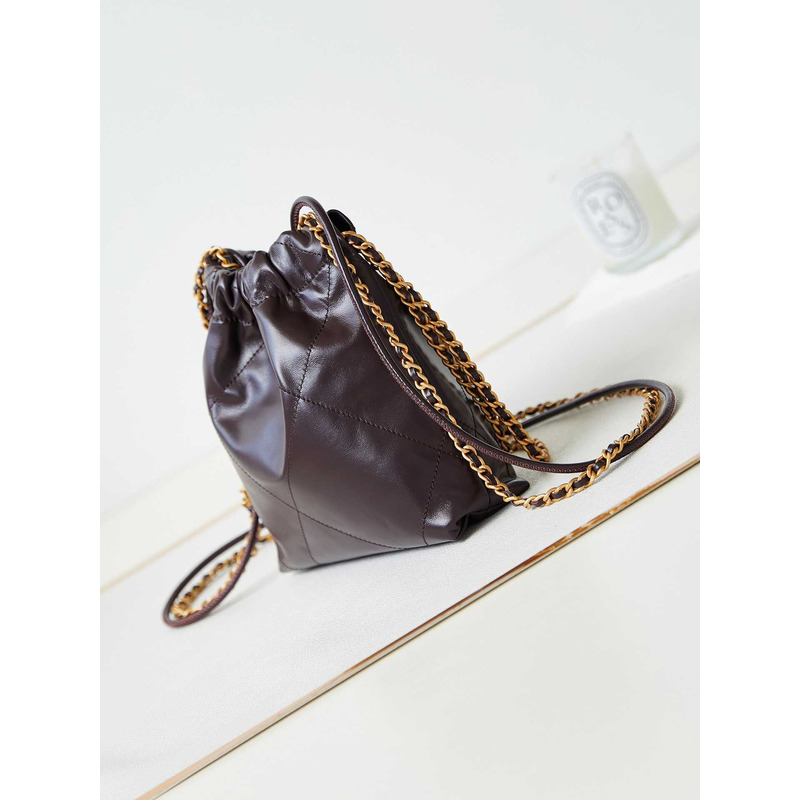 Ch*el 22 mini handbang shiny calfskin & gold-tone metal pale black