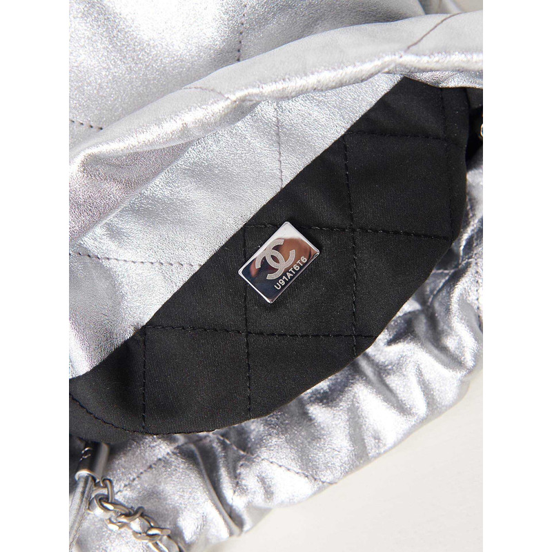 Ch*el 22 mini handbang shiny calfskin & gold-tone metal pale silver