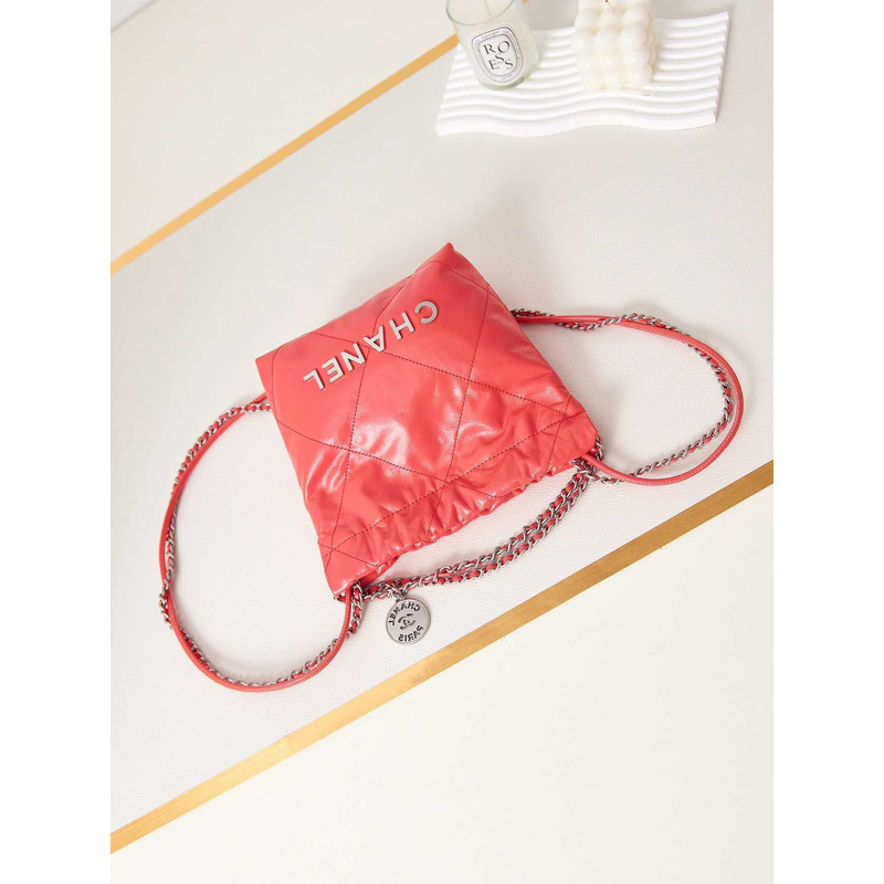 Ch*el 22 mini handbang shiny calfskin & gold-tone metal pale pink