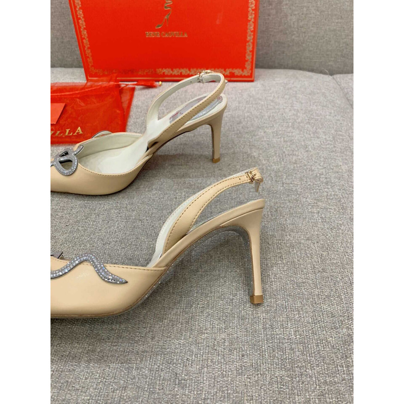 Rene Caovilla Snake Motif Rhinestone Pumps Beige