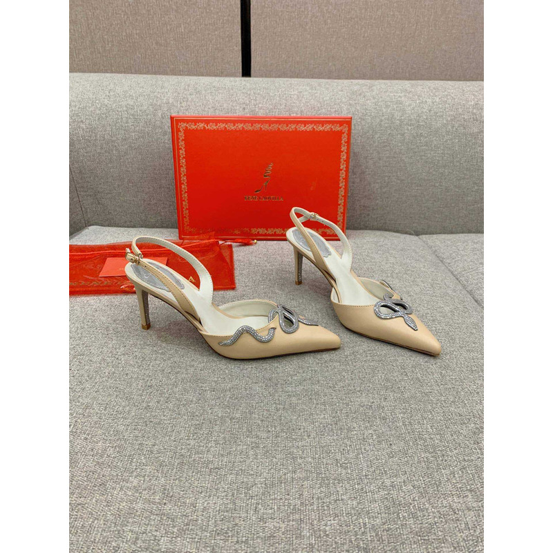Rene Caovilla Snake Motif Rhinestone Pumps Beige