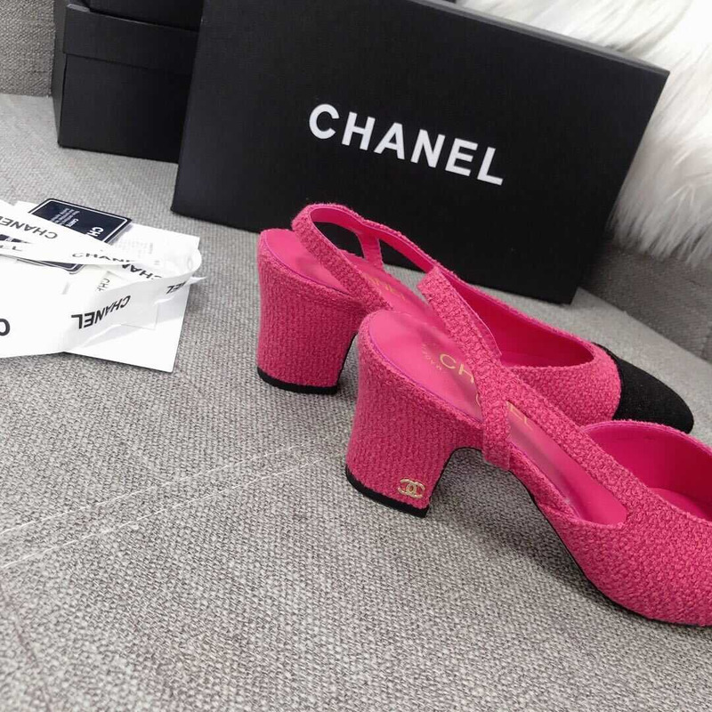 Ch*el slingback tweed sandals pink