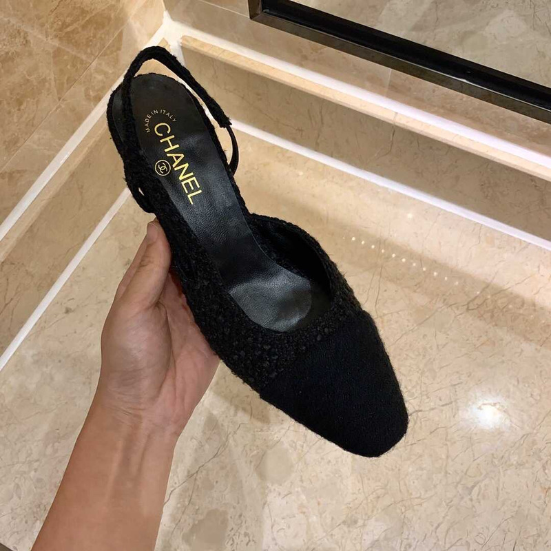 Ch*el classic sandals sheepskin mid-heel sandals black