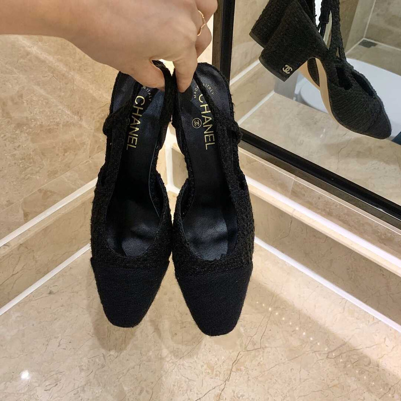 Ch*el classic sandals sheepskin mid-heel sandals black