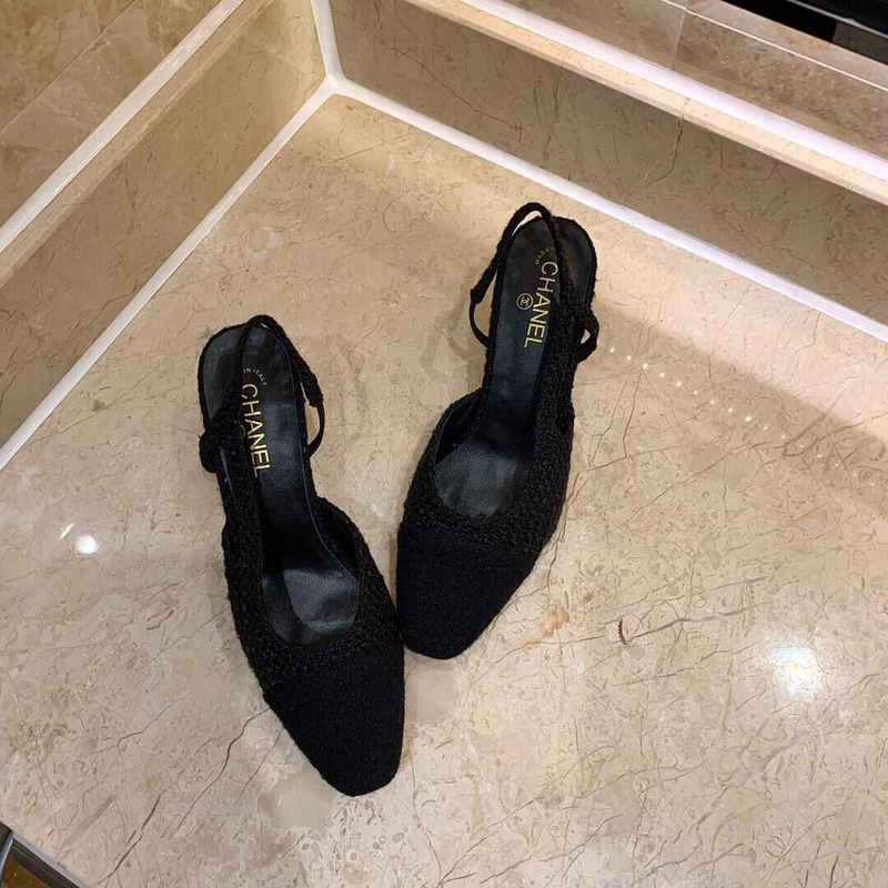 Ch*el classic sandals sheepskin mid-heel sandals black