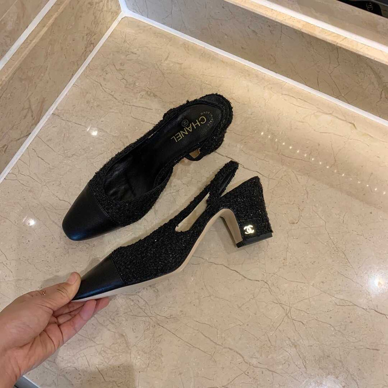 Ch*el classic sandals sheepskin mid-heel sandals black