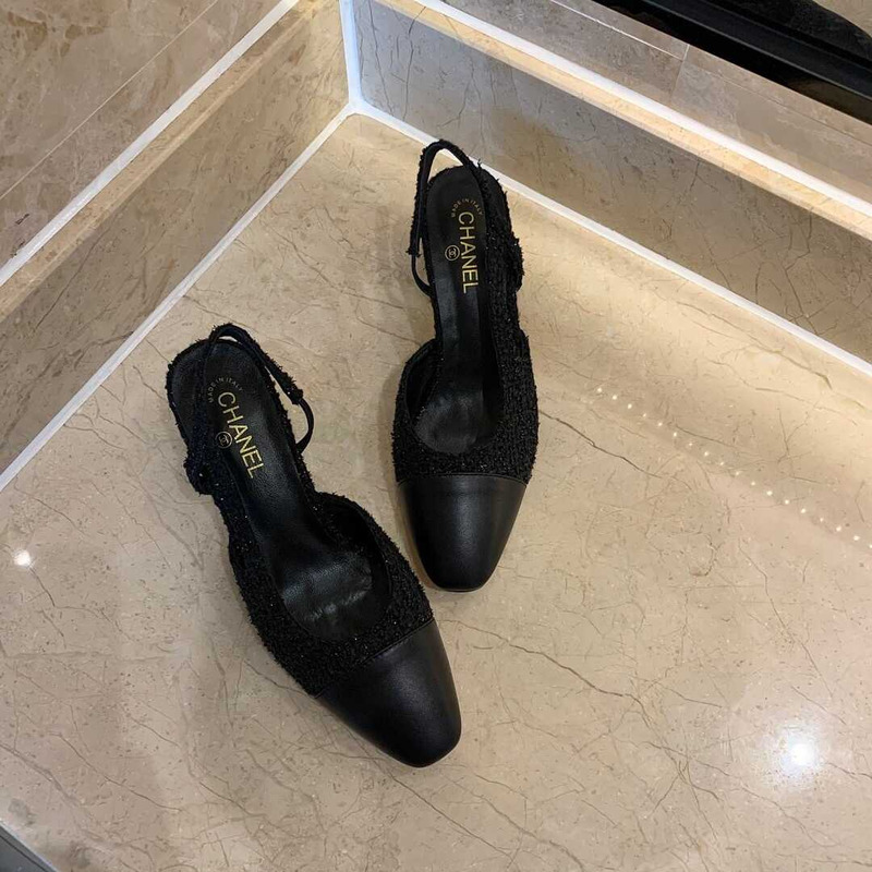 Ch*el classic sandals sheepskin mid-heel sandals black