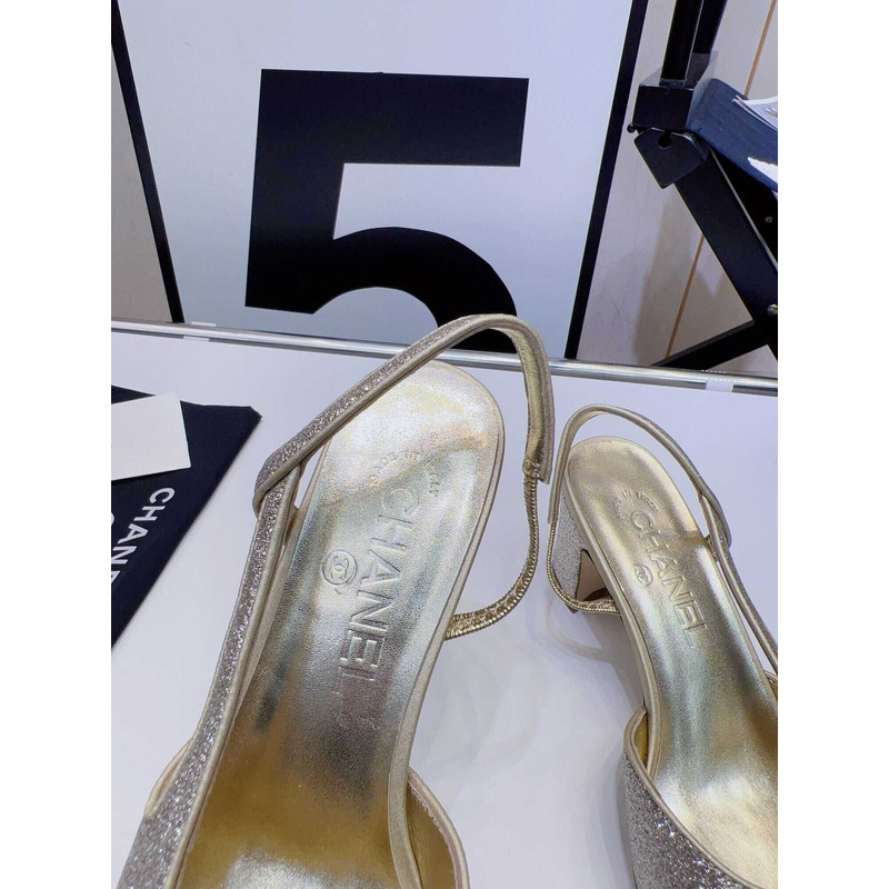 Ch*el strass 65mm slingbacks silver black grosgrain