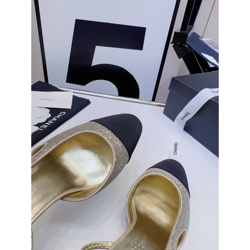 Ch*el strass 65mm slingbacks silver black grosgrain