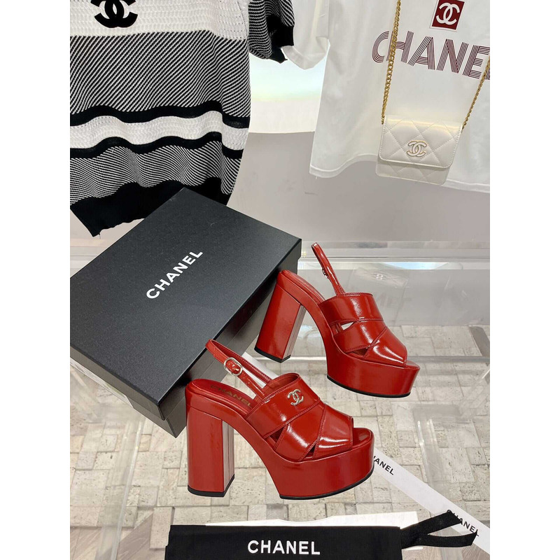 Ch*el lambskin heeled sandals red
