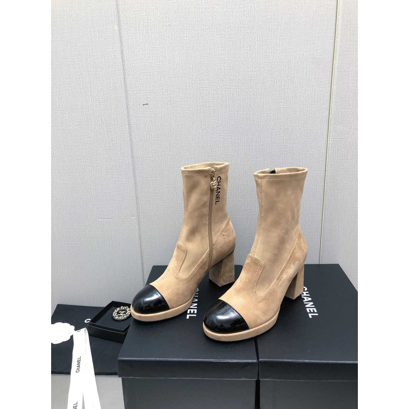Ch*el short boots suede and patent calfskin beige