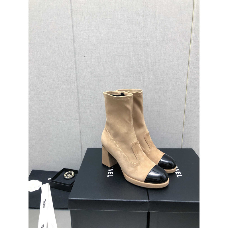 Ch*el short boots suede and patent calfskin beige