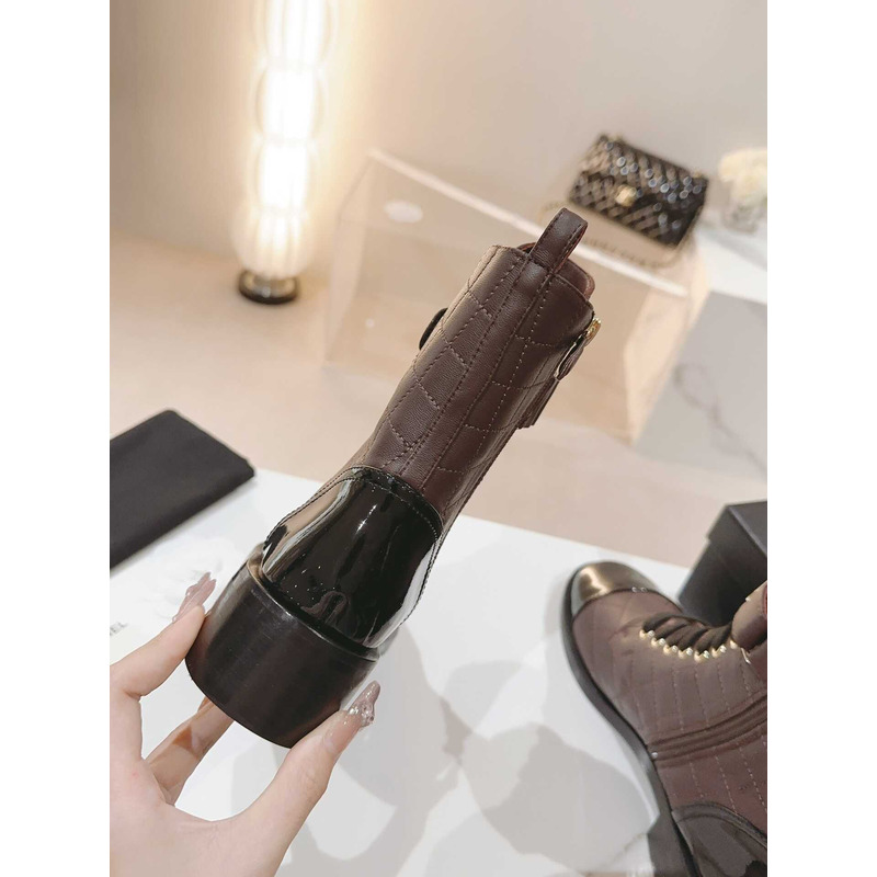 Ch*el military boots patent calfskin and lambskin wine