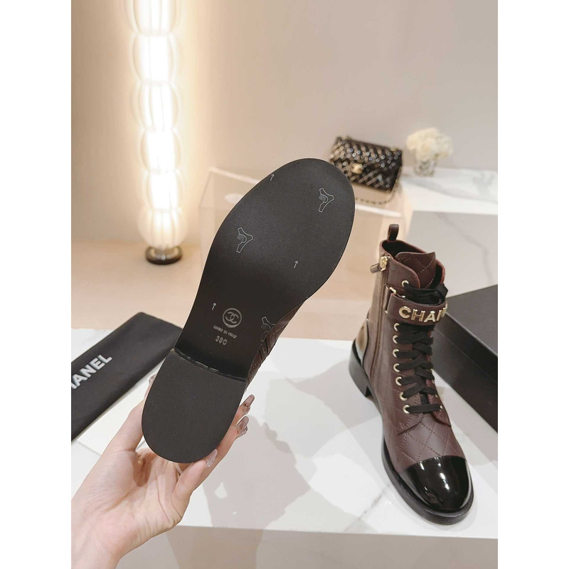 Ch*el military boots patent calfskin and lambskin wine