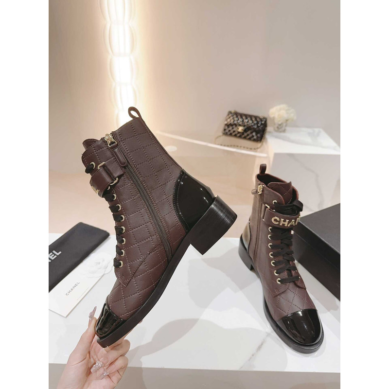 Ch*el military boots patent calfskin and lambskin wine