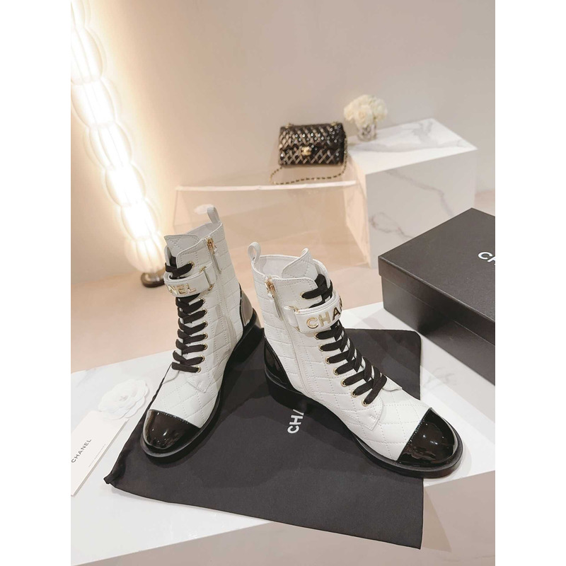 Ch*el military boots patent calfskin and lambskin white