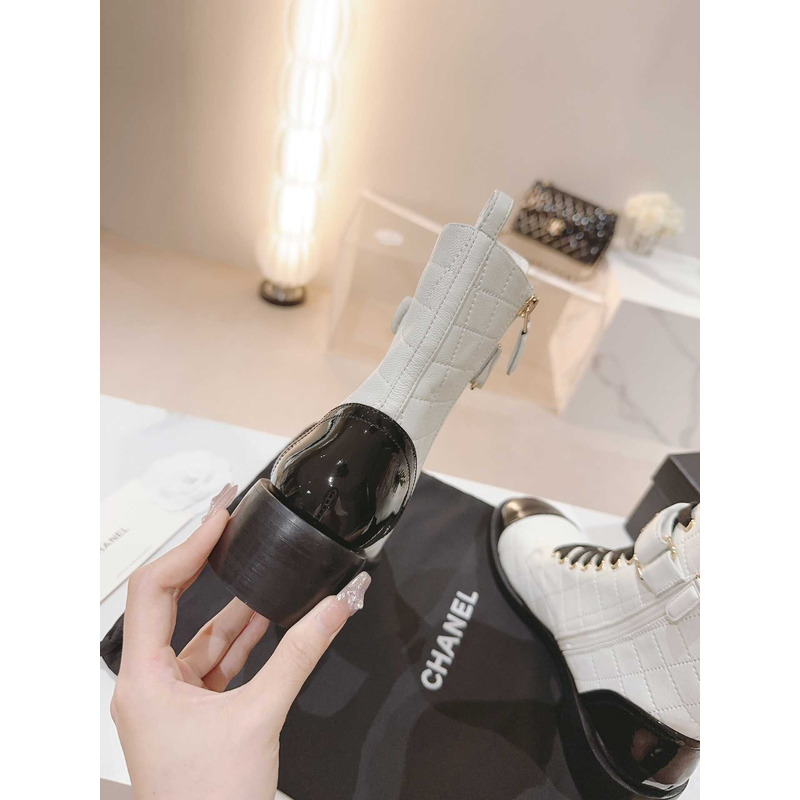 Ch*el military boots patent calfskin and lambskin white