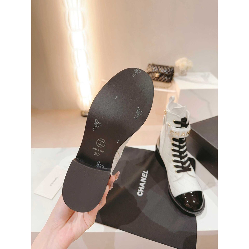 Ch*el military boots patent calfskin and lambskin white