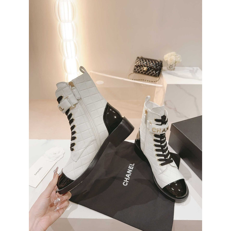 Ch*el military boots patent calfskin and lambskin white