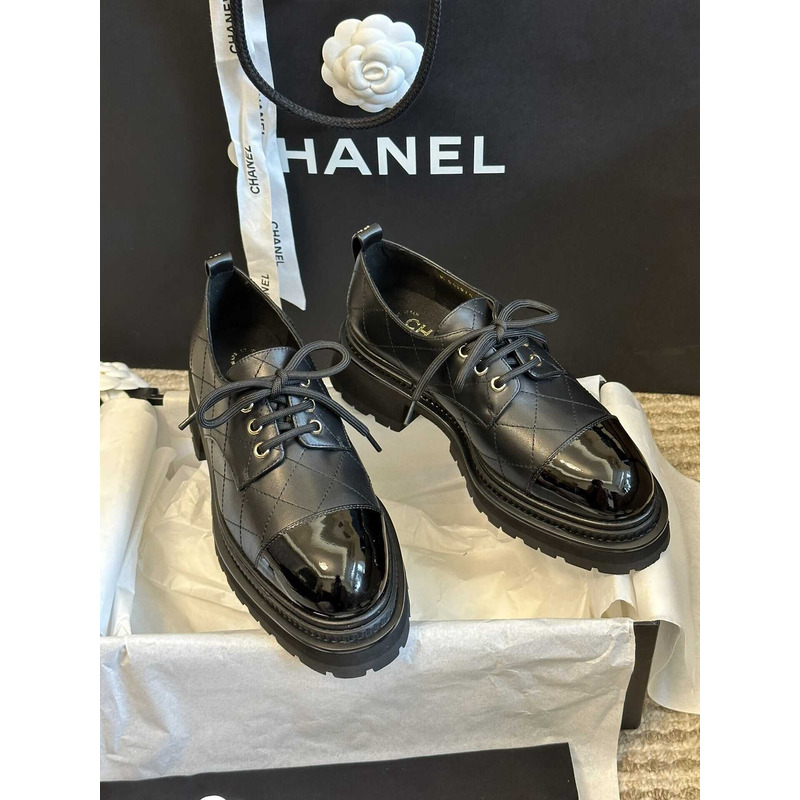 Ch*el lace up shoes calfskin & patent calfskin black