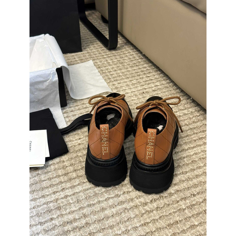 Ch*el lace up shoes calfskin & patent calfskin brown