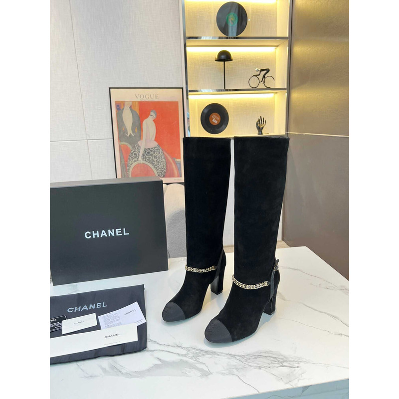 Ch*el high boots suede kidskin, grosgrain & metal black