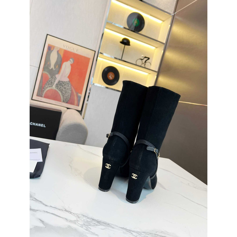 Ch*el short boots suede kidskin, grosgrain & metal black