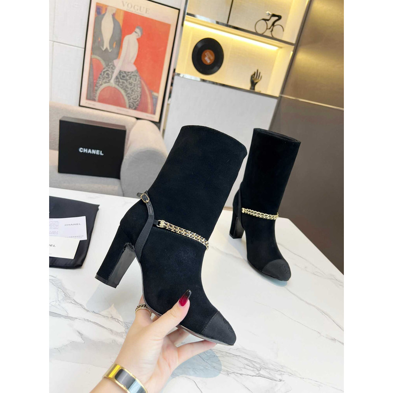 Ch*el short boots suede kidskin, grosgrain & metal black