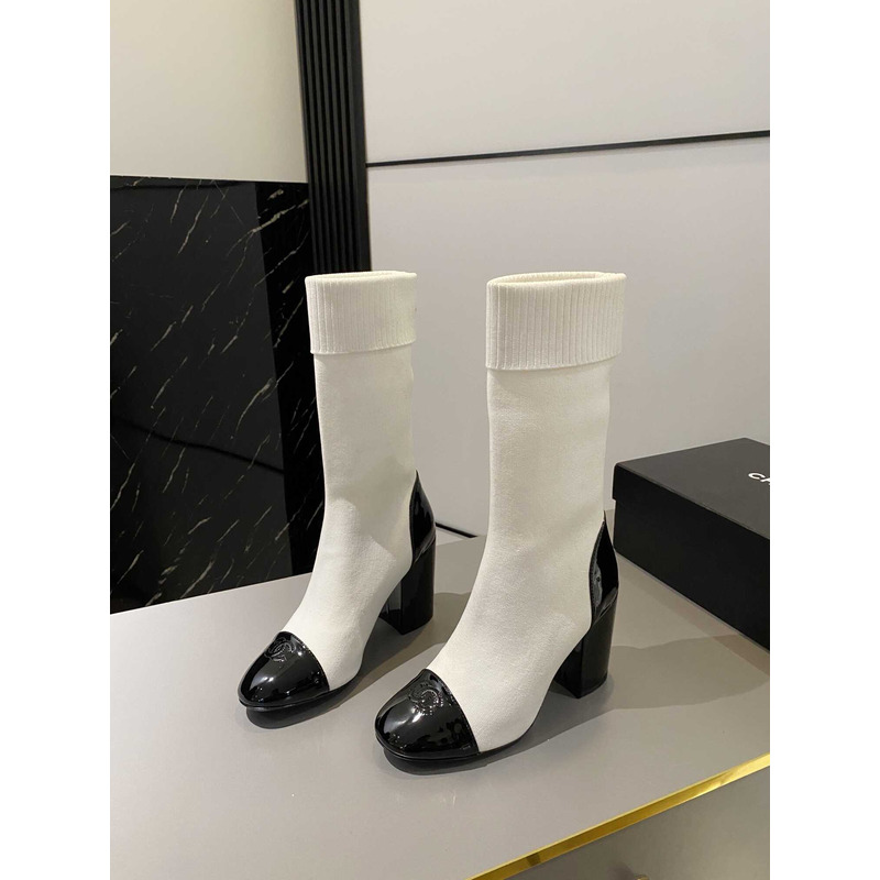 Ch*el short boots knit & patent calfskin white