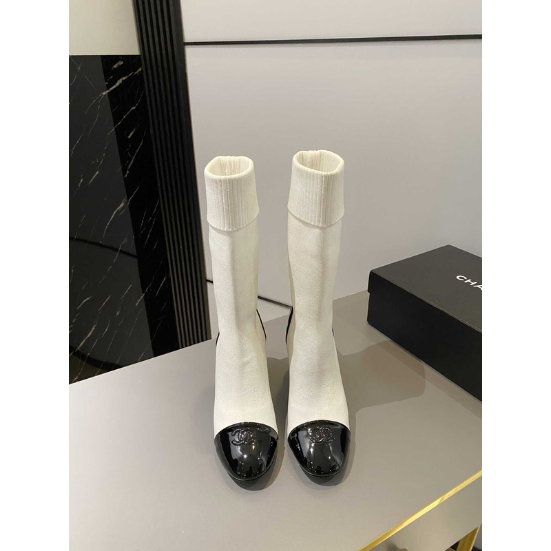 Ch*el short boots knit & patent calfskin white