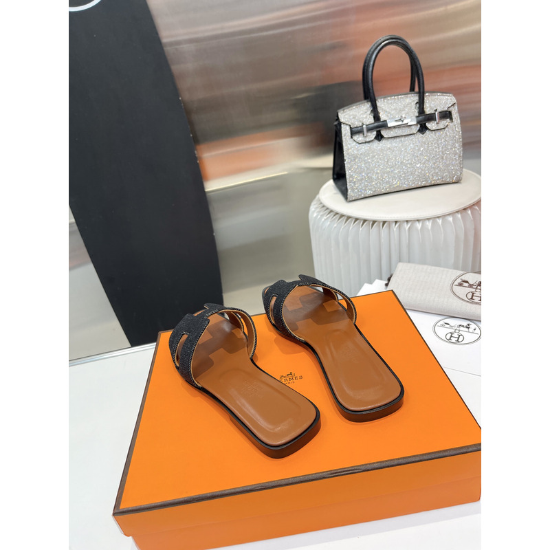 H**mes oran cloth sandal brown and black