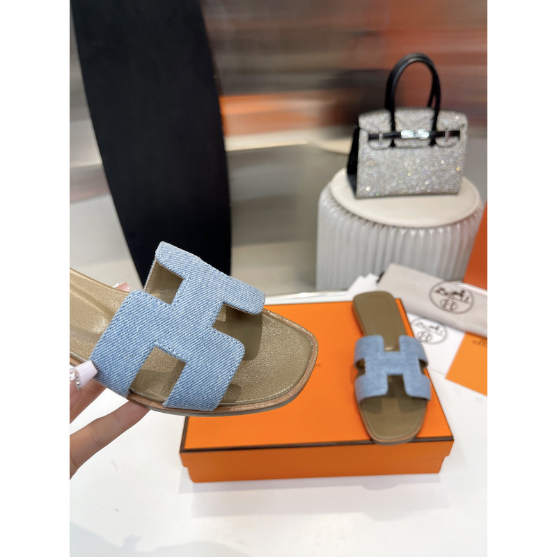 H**mes oran cloth sandal  green and light blue