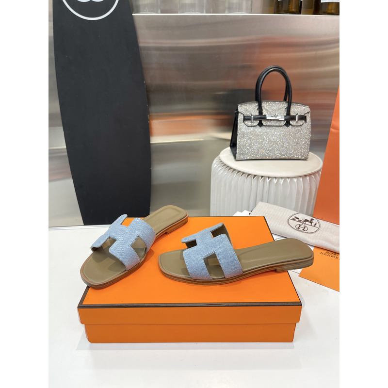 H**mes oran cloth sandal  green and light blue