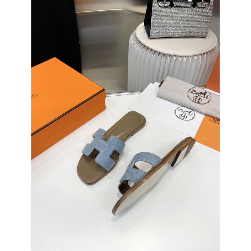 H**mes oran cloth sandal  green and light blue