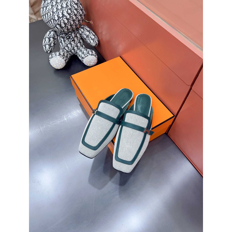 H**mes groupie mules green and white