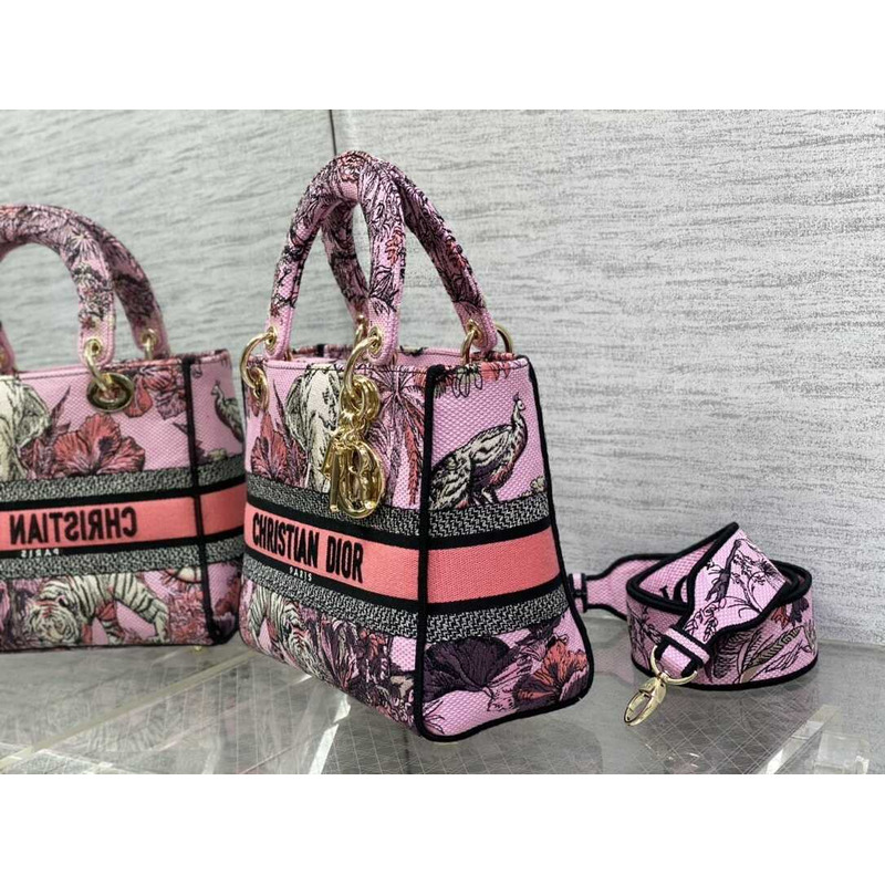 D*or medium lady d-lite bag pink multicolor toile de jouy voyage embroidery
