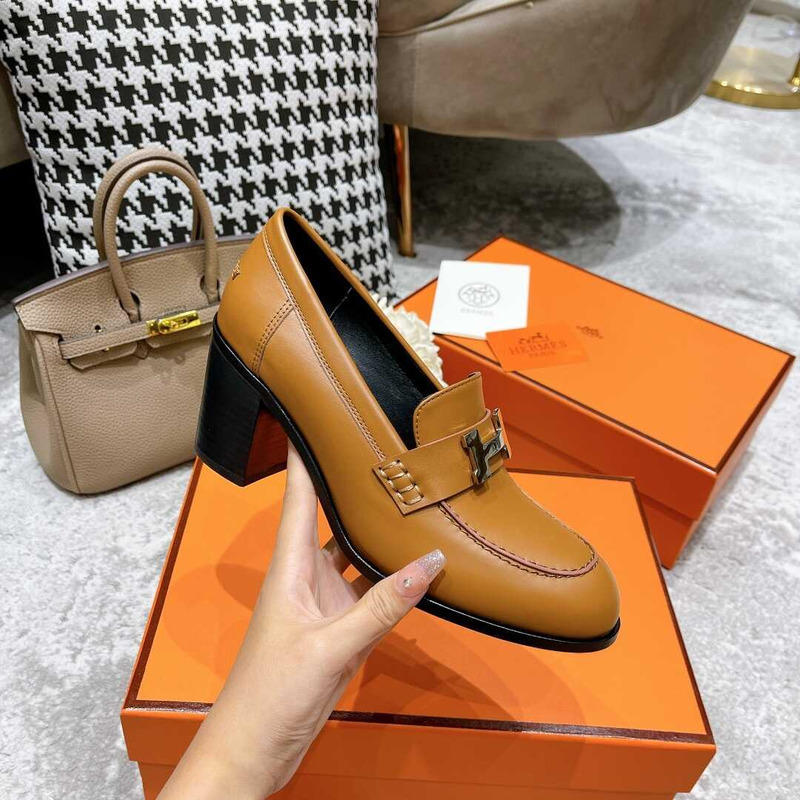 H**mes dauphine 70 high heel loafer in calfskin brown