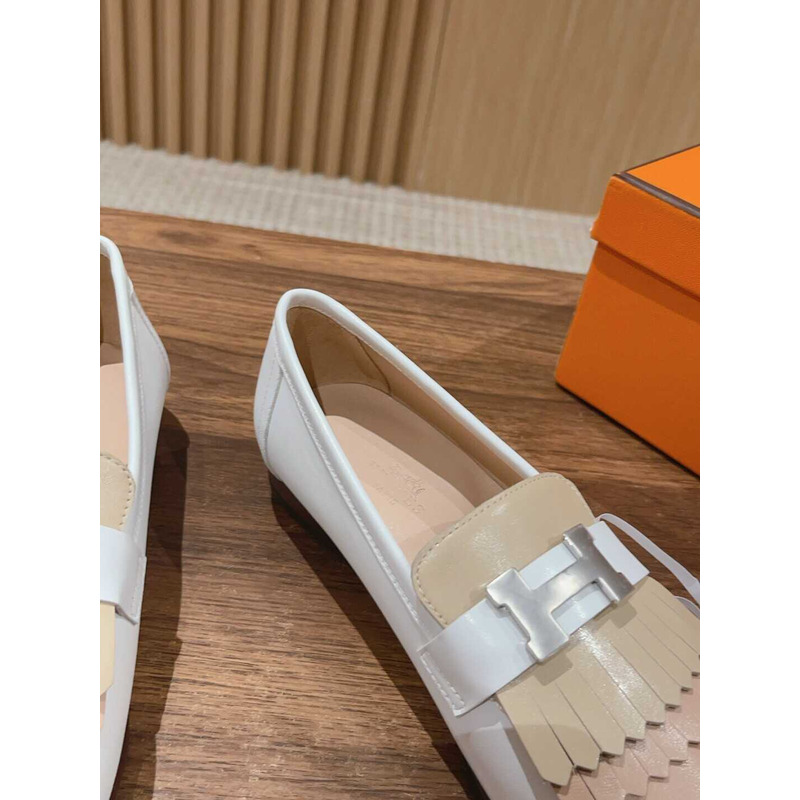 H**mes goatskin womens royal loafers beige and white