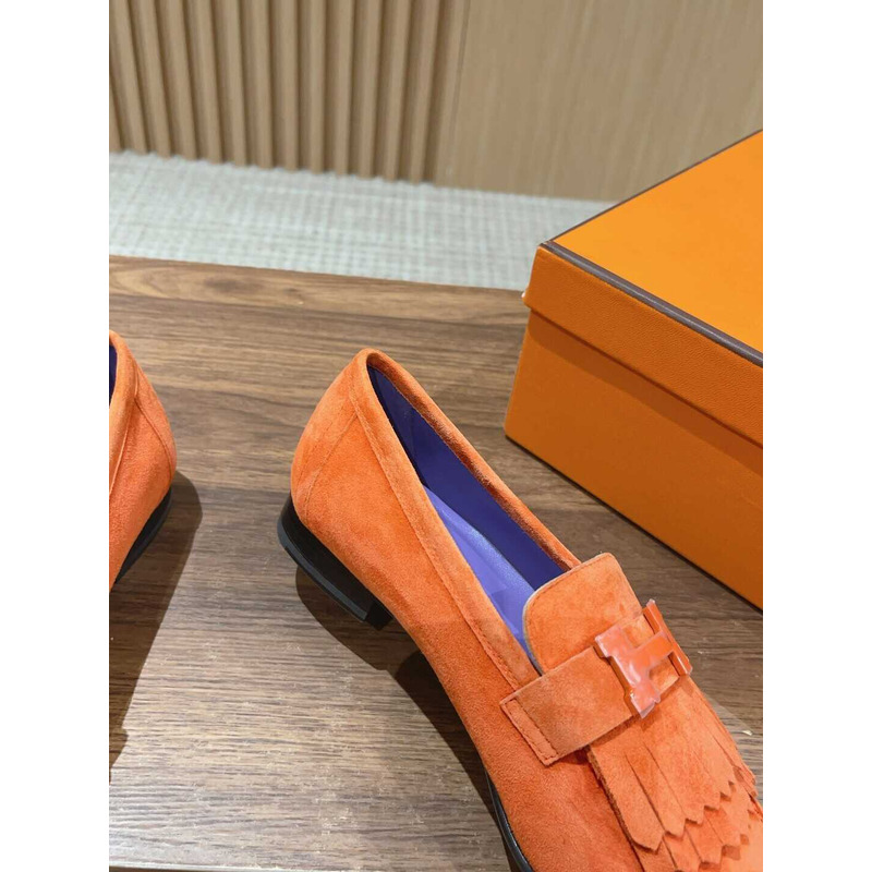 H**mes suede goatskin womens royal loafers orange
