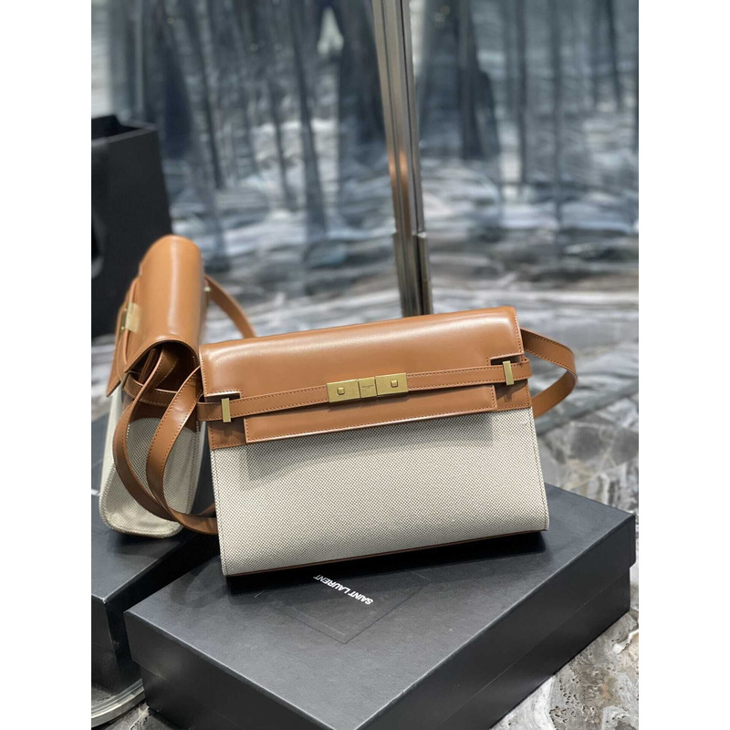 Saint Laurent Manhattan Leather Shoulder Bag Brown And White