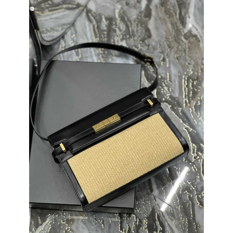 Saint Laurent Manhattan Leather Shoulder Bag Black And Beige