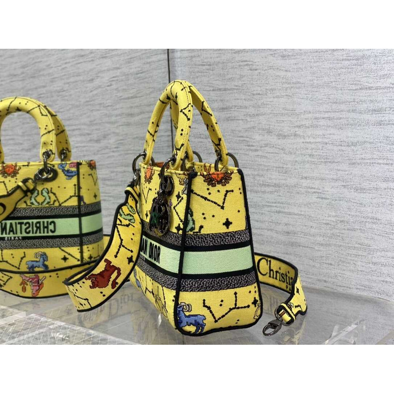 D*or  medium lady d-lite bag embroidery yellow multicolor