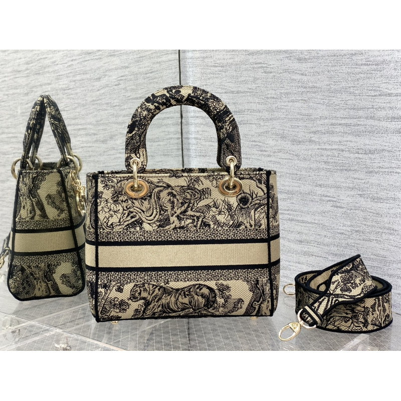 D*or medium lady d-lite bag embroidery beige and black
