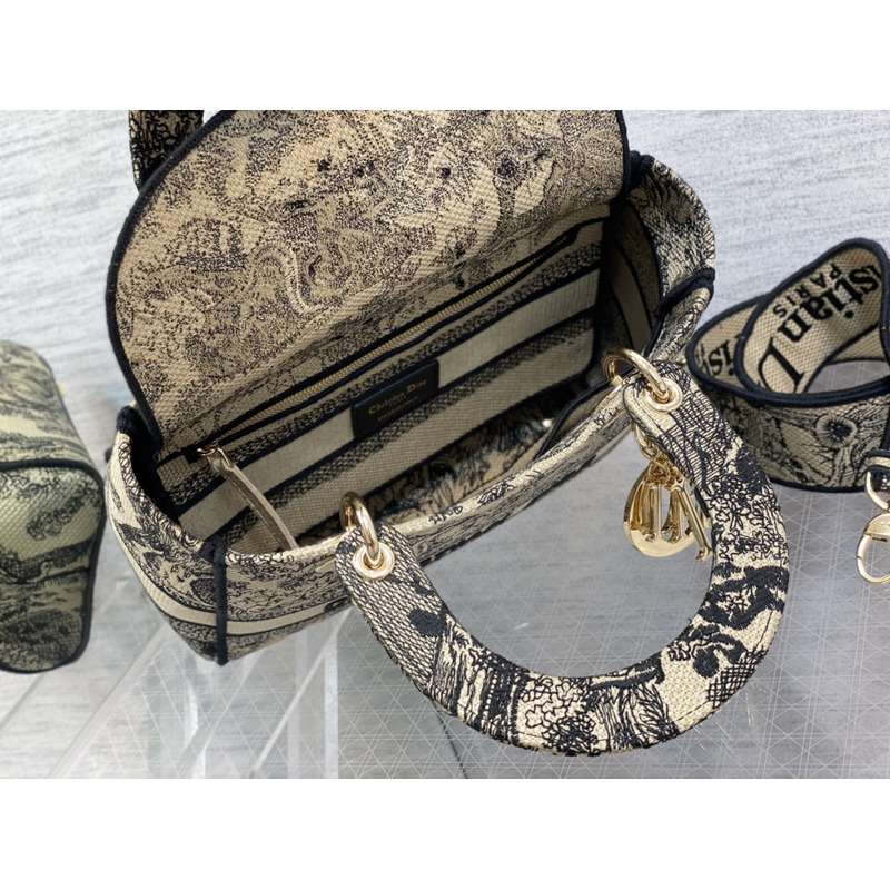 D*or medium lady d-lite bag embroidery beige and black