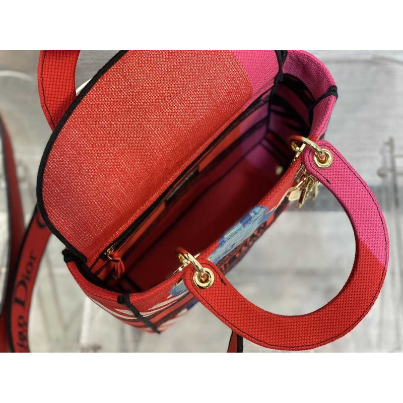 D*or medium lady d-lite bag embroidery red multicolor