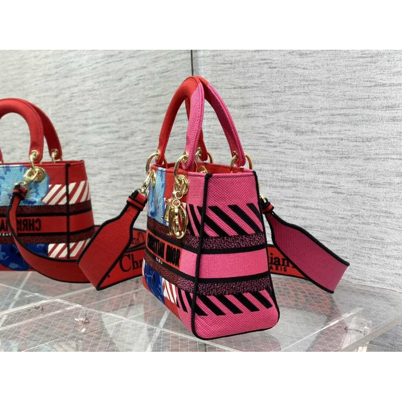 D*or medium lady d-lite bag embroidery red multicolor