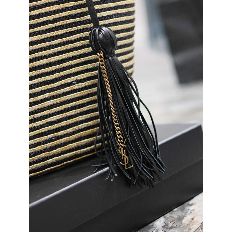 Saint Laurent Shopping Bag Tote Raffia And Leather Beige&Black