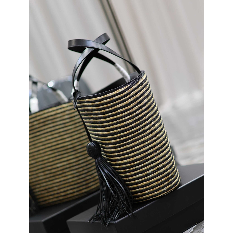 Saint Laurent Shopping Bag Tote Raffia And Leather Beige&Black