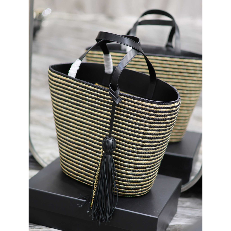 Saint Laurent Shopping Bag Tote Raffia And Leather Beige&Black